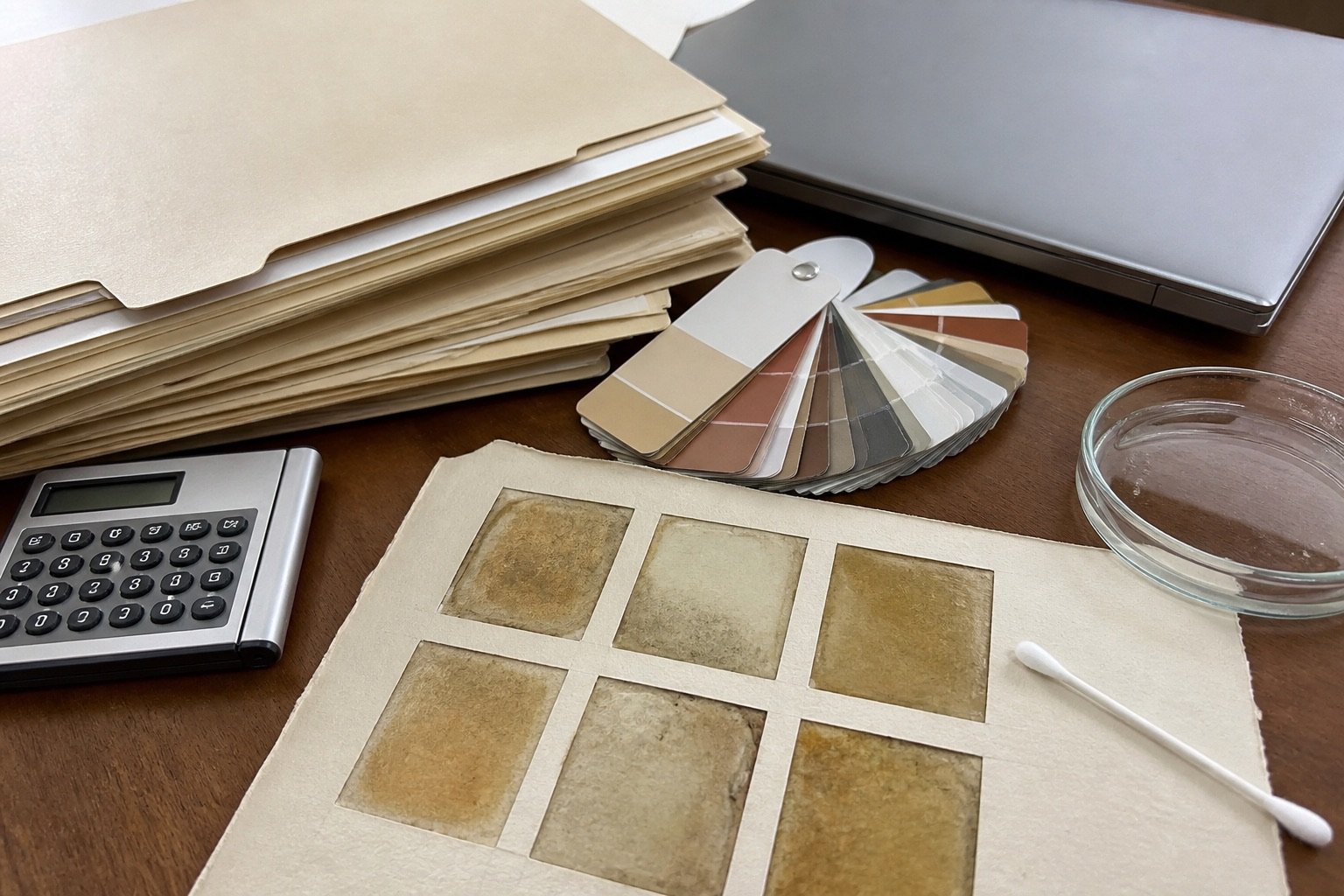 Administrative documents and pigment chips on a conservation table