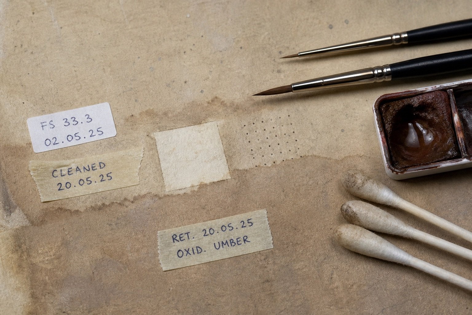 Fine brush tips and tape labels on conservation-table paper