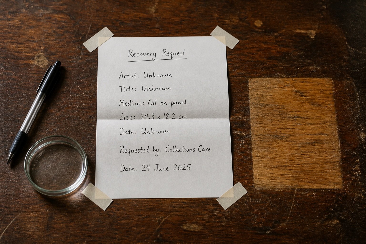Folded conservation-white request slip on an aged work table