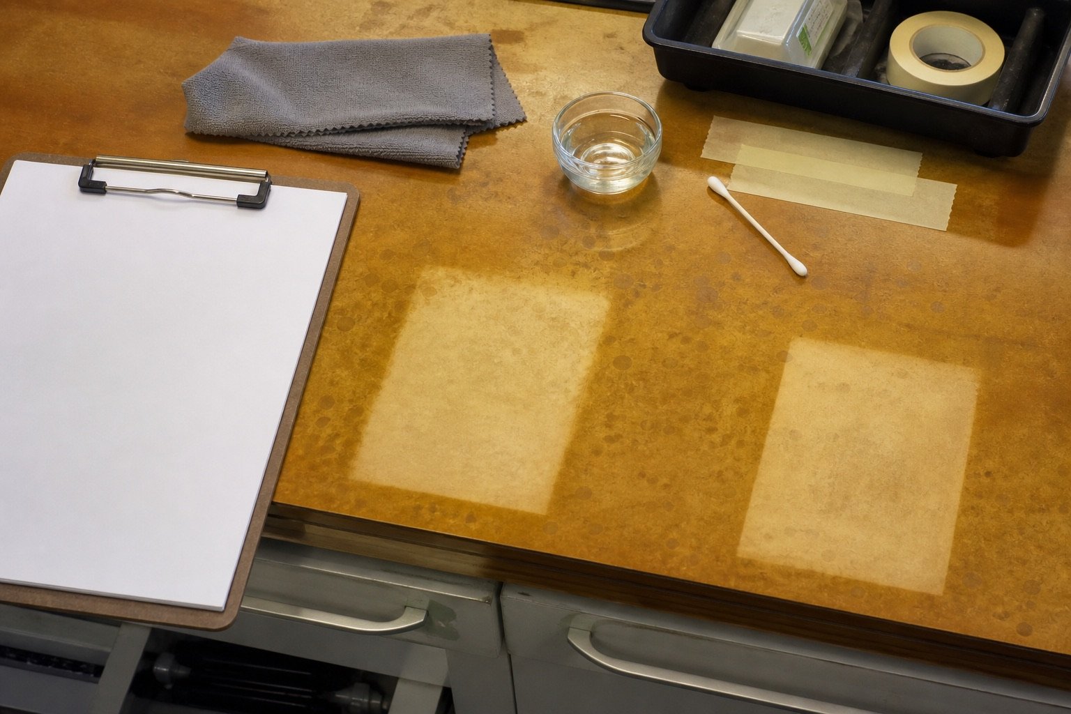 Facilities clipboard and cleaned rectangular patches on aged table paper