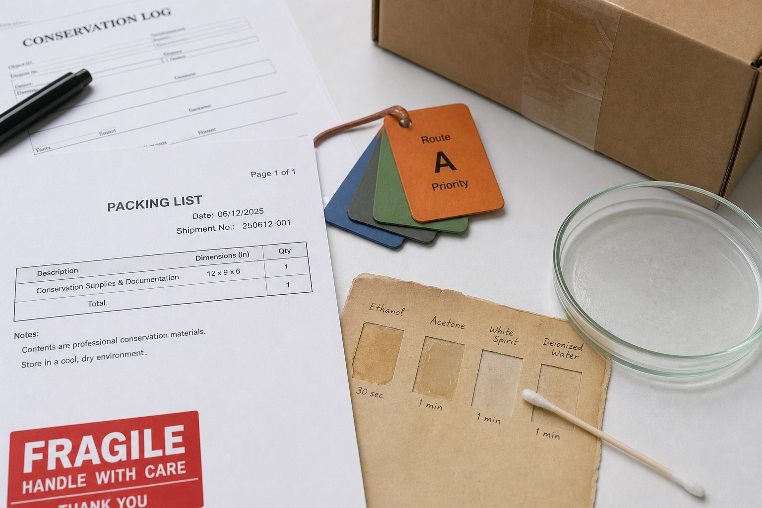 Packing papers, carton corner and pigment routing chips on a conservation table