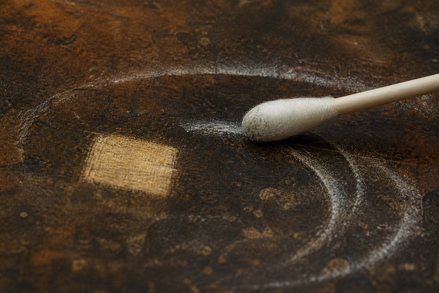 Cotton swab arcs across an aged varnish surface