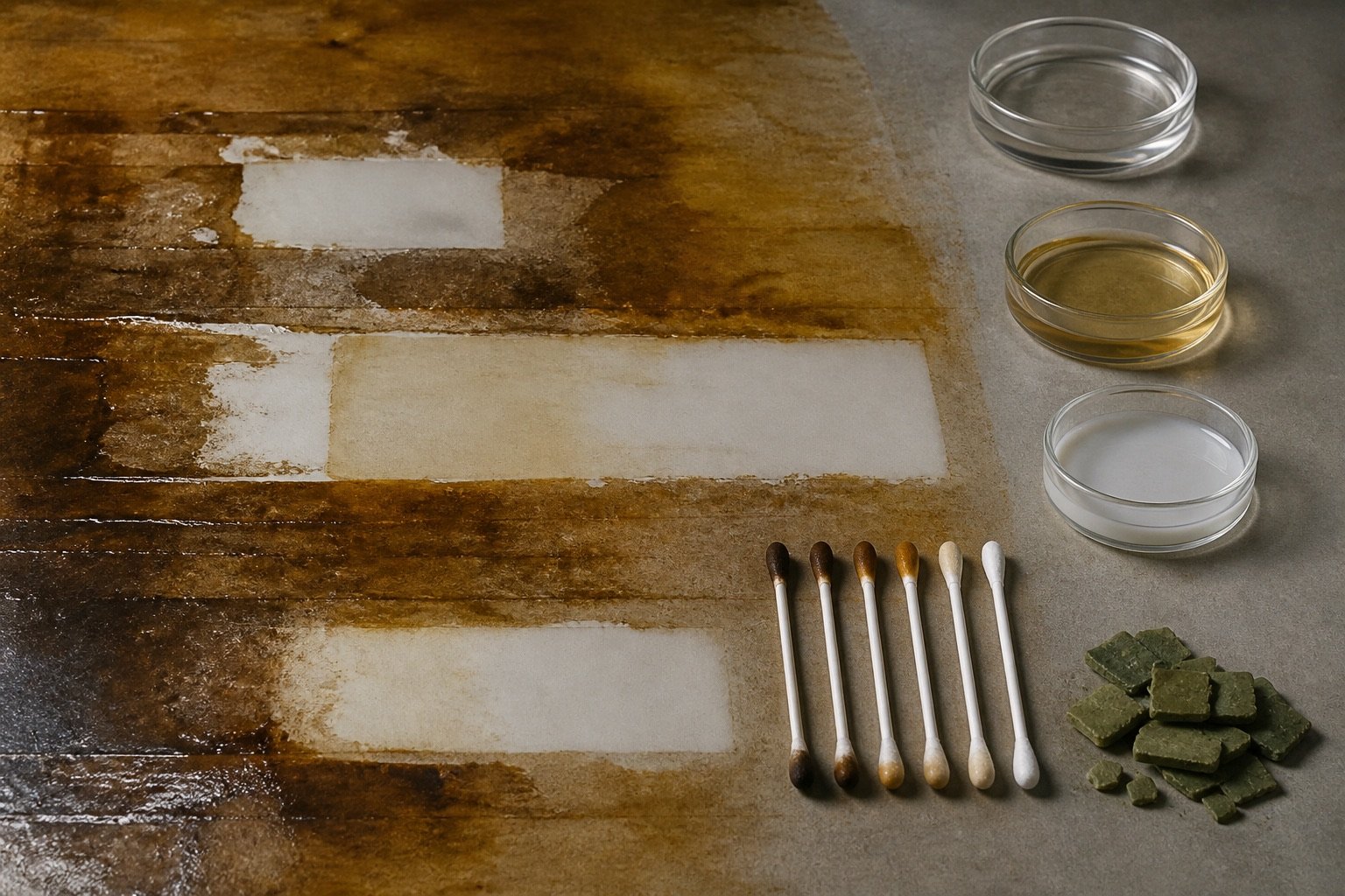 Residue films with solvent-cleaned windows suggesting waste-stream recovery